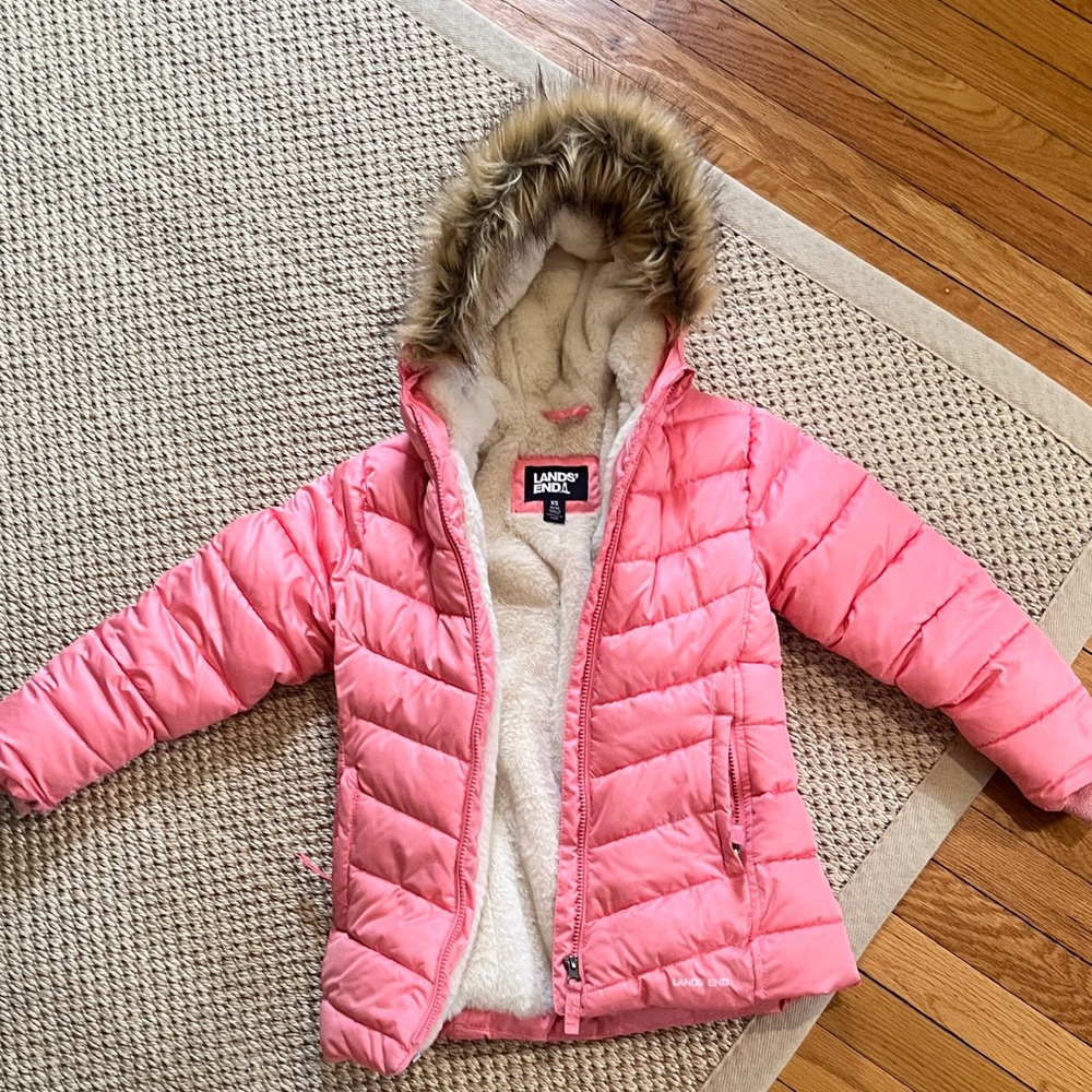 Lands' End | Pink Quilted Puffer Jacket with Faux Fur Trim | Size XS